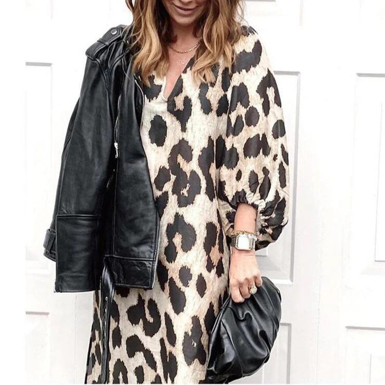 Long V-neck Lantern Sleeve Leopard Print Dess