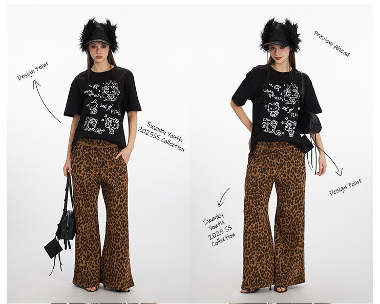 Vintage Leopard Print Wide-Leg Straight-Cut Pants