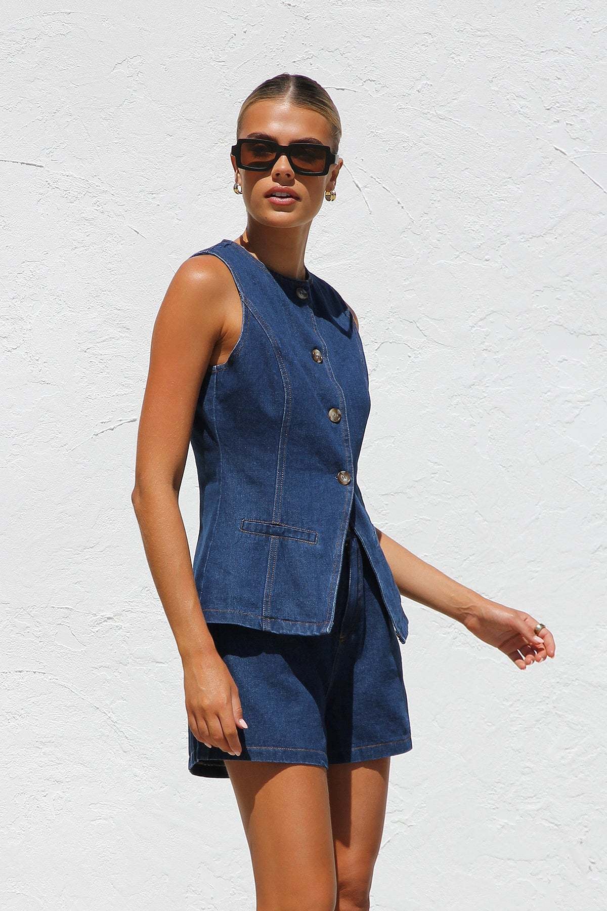 Sleeveless High-Waisted Denim Shorts Set