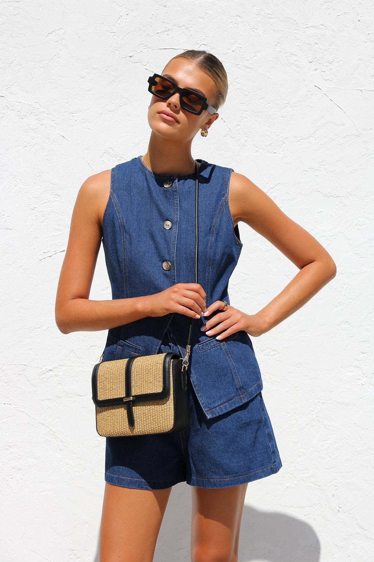 Sleeveless High-Waisted Denim Shorts Set