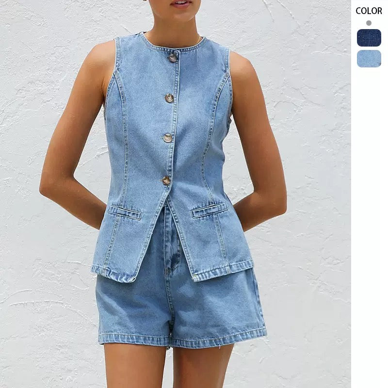 Sleeveless High-Waisted Denim Shorts Set