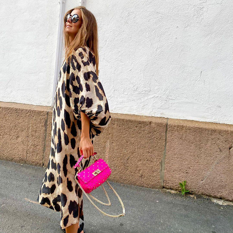 Long V-neck Lantern Sleeve Leopard Print Dess