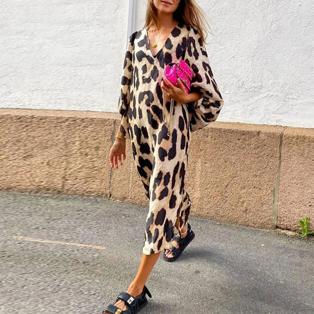 Long V-neck Lantern Sleeve Leopard Print Dess