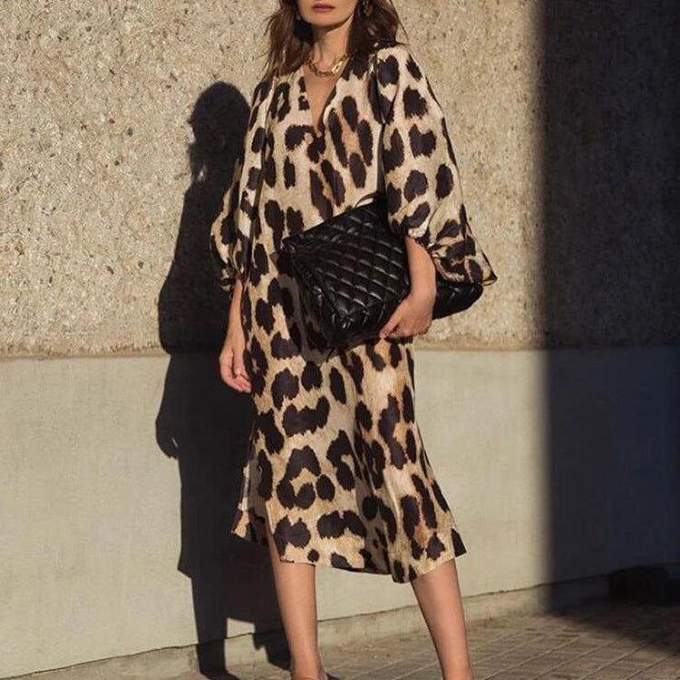 Long V-neck Lantern Sleeve Leopard Print Dess