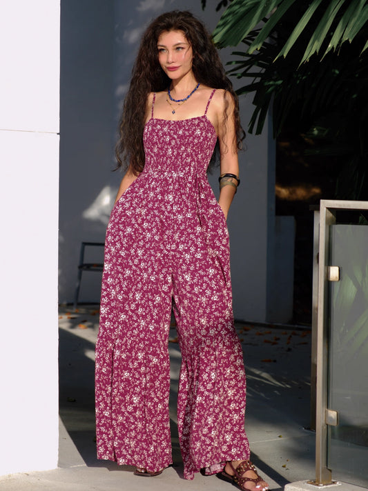 Adjustable Strap Ruffled Loose Wide-Leg Jumpsuit