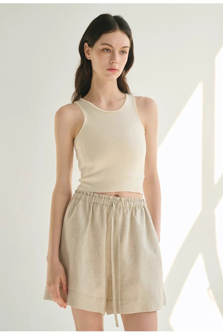 100% Linen Textured Breathable High-Waist Shorts
