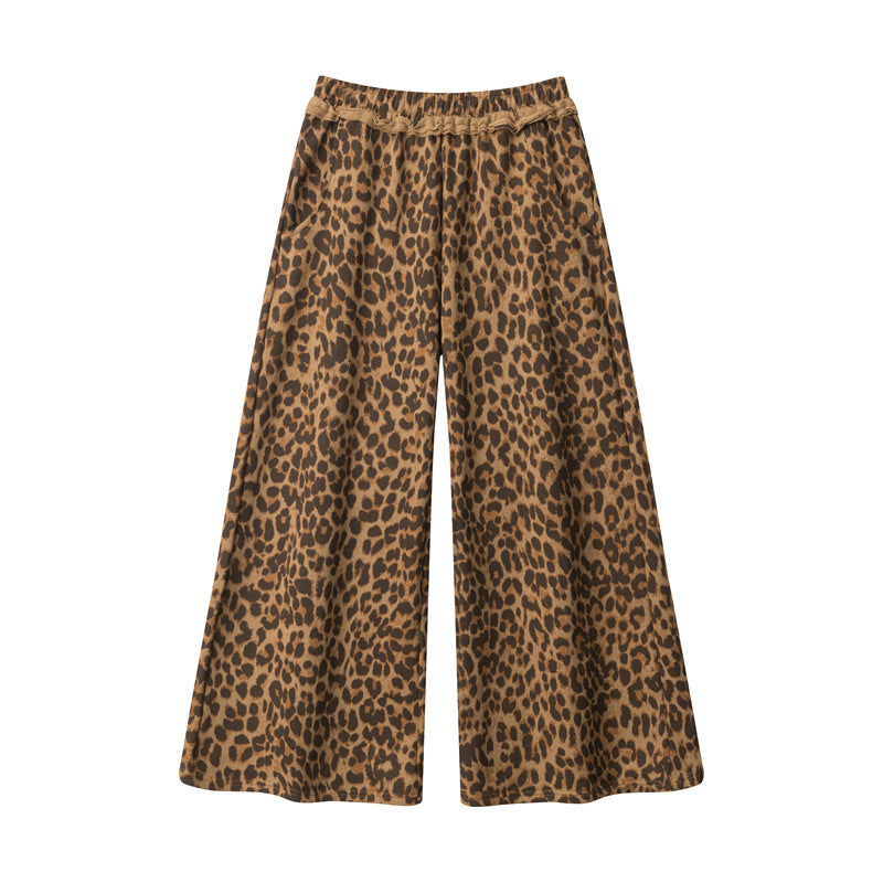 Vintage Leopard Print Wide-Leg Straight-Cut Pants