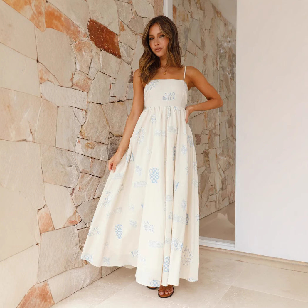 Fashionable Printed Back Cut-Out Camisole Dress