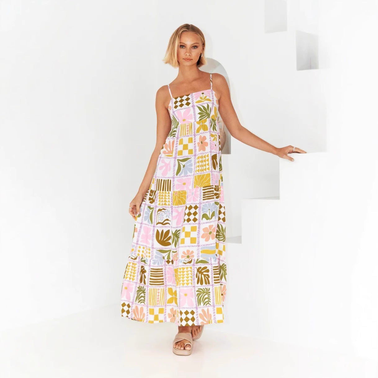 Fashionable Printed Back Cut-Out Camisole Dress